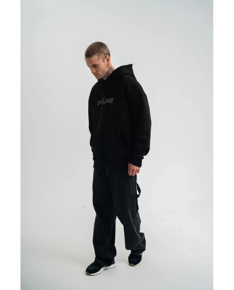 ERKEK Üç İplik Kapşonlu Nakışlı SweatShirt - Siyah