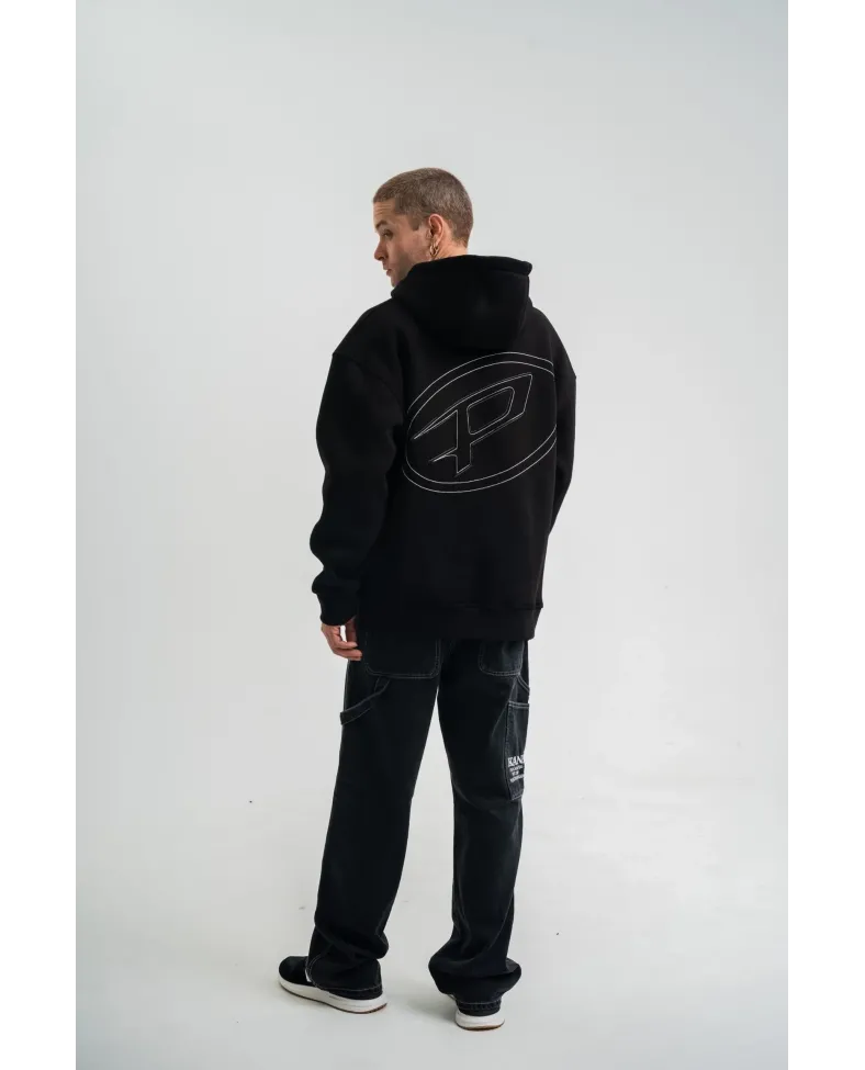 ERKEK Üç İplik Kapşonlu Nakışlı SweatShirt - Siyah