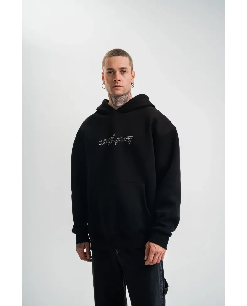 ERKEK Üç İplik Kapşonlu Nakışlı SweatShirt - Siyah