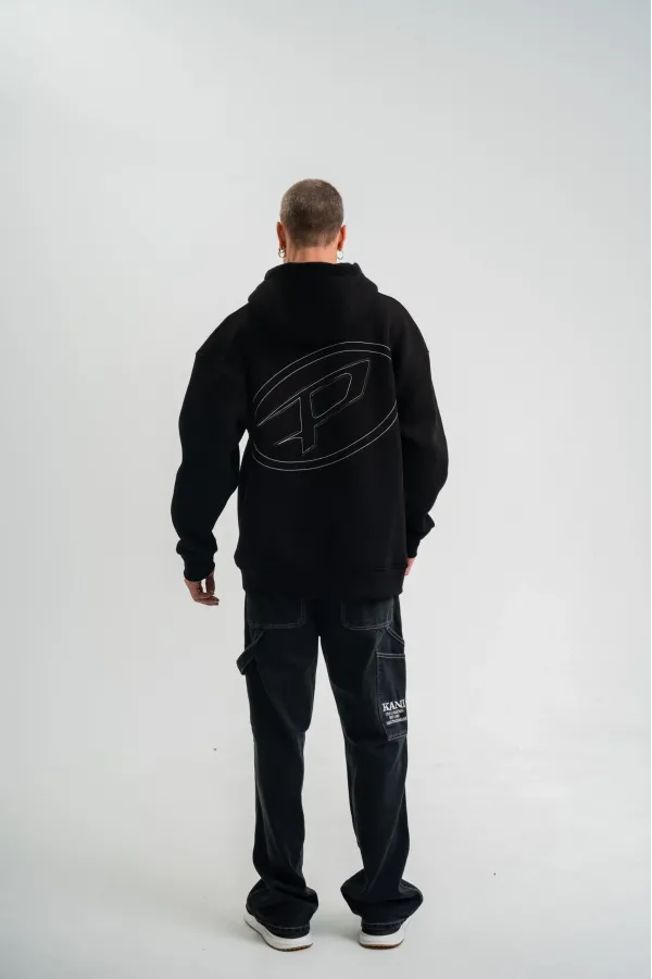 ERKEK Üç İplik Kapşonlu Nakışlı SweatShirt - Siyah