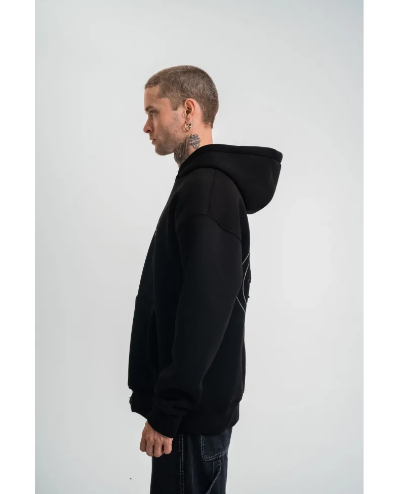 ERKEK Üç İplik Kapşonlu Nakışlı SweatShirt - Siyah