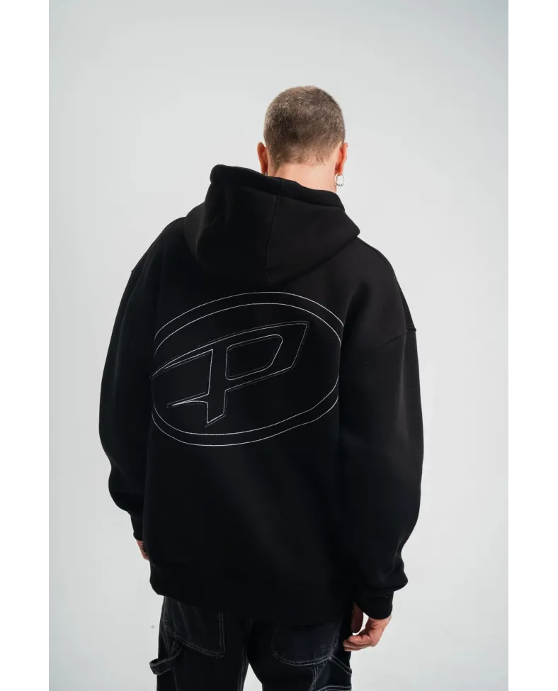 ERKEK Üç İplik Kapşonlu Nakışlı SweatShirt - Siyah