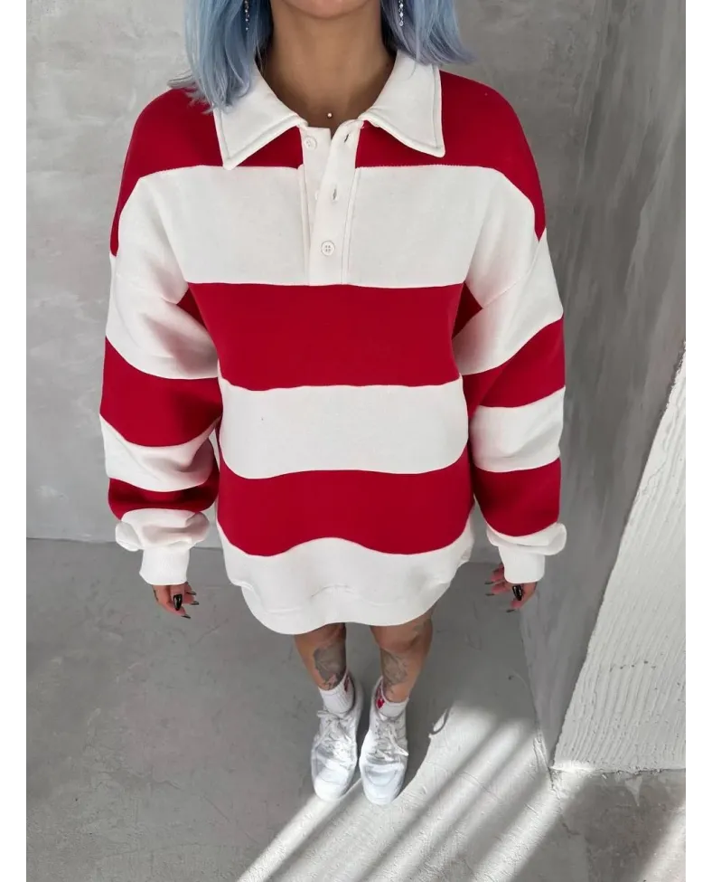 Kadın Üç İplik Parçalı Yakalı SweatShirt - Kırmızı