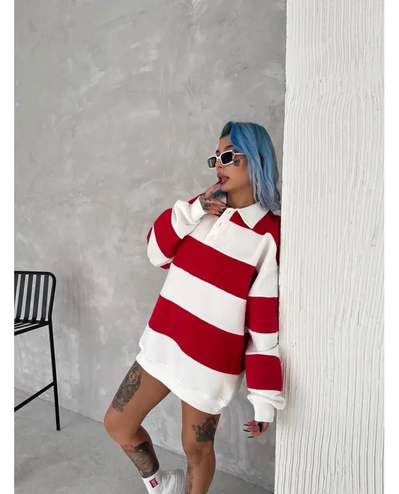 Kadın Üç İplik Parçalı Yakalı SweatShirt - Kırmızı