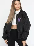 Kadın Wild One Baskılı Bomber Mont Siyah Oversize Kalıp Fermuarlı Cepli Kapitone - Siyah