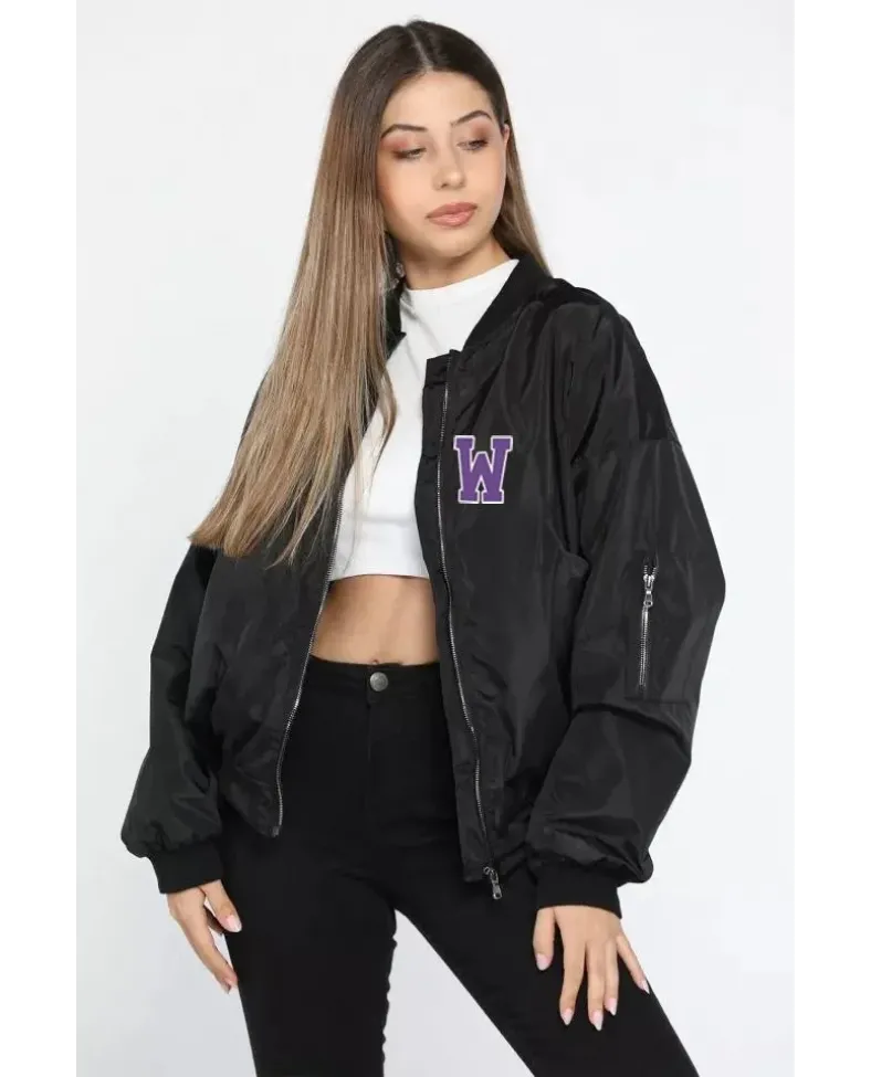 Kadın Wild One Baskılı Bomber Mont Siyah Oversize Kalıp Fermuarlı Cepli Kapitone - Siyah