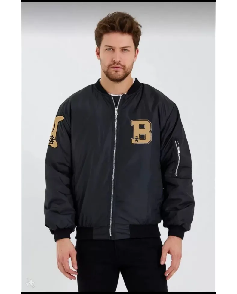 Erkek Siyah Bomber Kolej Mont B Harfi Kemik Baskılı Su İtici Kapitone Astarlı - Siyah