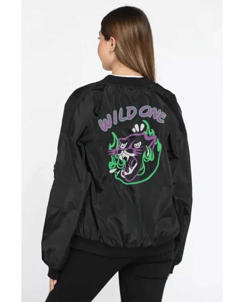 Kadın Wild One Baskılı Bomber Mont Siyah Oversize Kalıp Fermuarlı Cepli Kapitone - Siyah