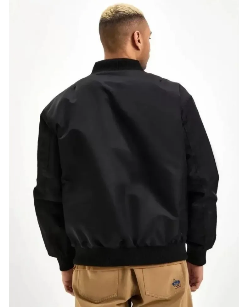 Erkek Siyah Bomber Mont Fergolli Logo Baskılı Fermuarlı Cepli Kapitone Astarlı - Siyah