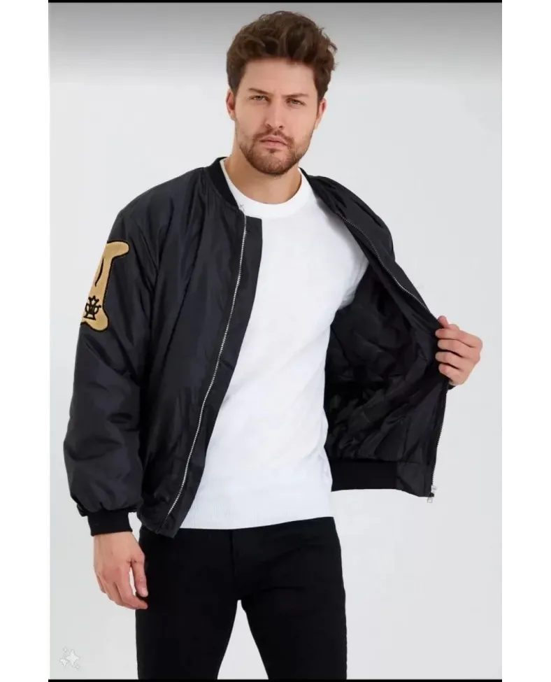 Erkek Siyah Bomber Kolej Mont B Harfi Kemik Baskılı Su İtici Kapitone Astarlı - Siyah
