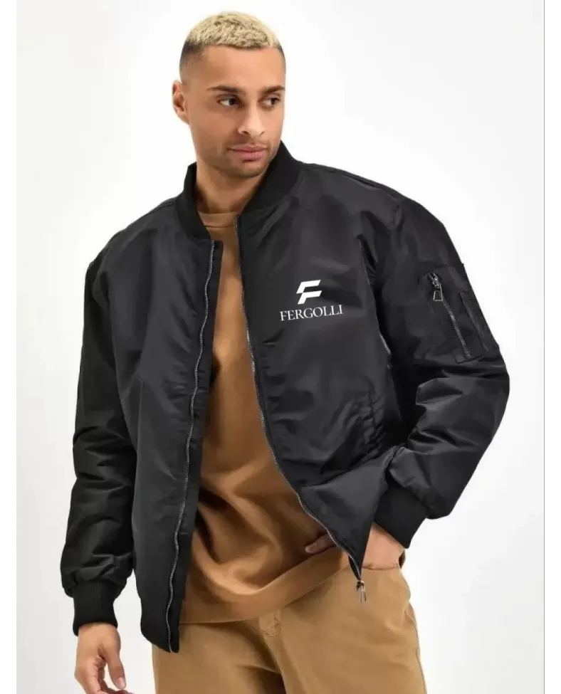 Erkek Siyah Bomber Mont Fergolli Logo Baskılı Fermuarlı Cepli Kapitone Astarlı - Siyah