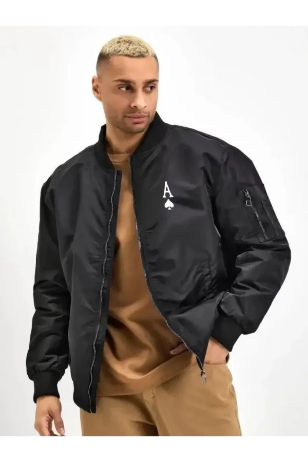 Erkek Bomber Mont – Siyah Renk, Maça Ası Baskılı, Fermuarlı, Cepli, Kapitone Astarlı, Bahar Kış Günlük Mont Ceket - Siyah