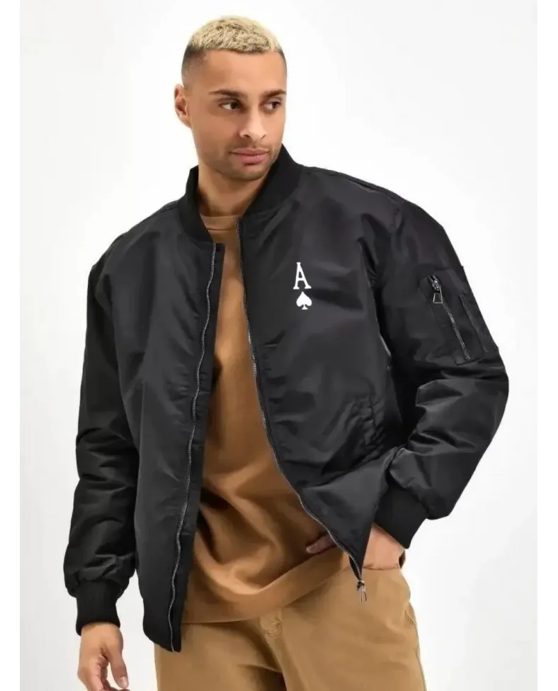 Erkek Bomber Mont Siyah Maça Ası Baskılı Fermuarlı Cepli Kapitone Astarlı Kış Mont - Siyah
