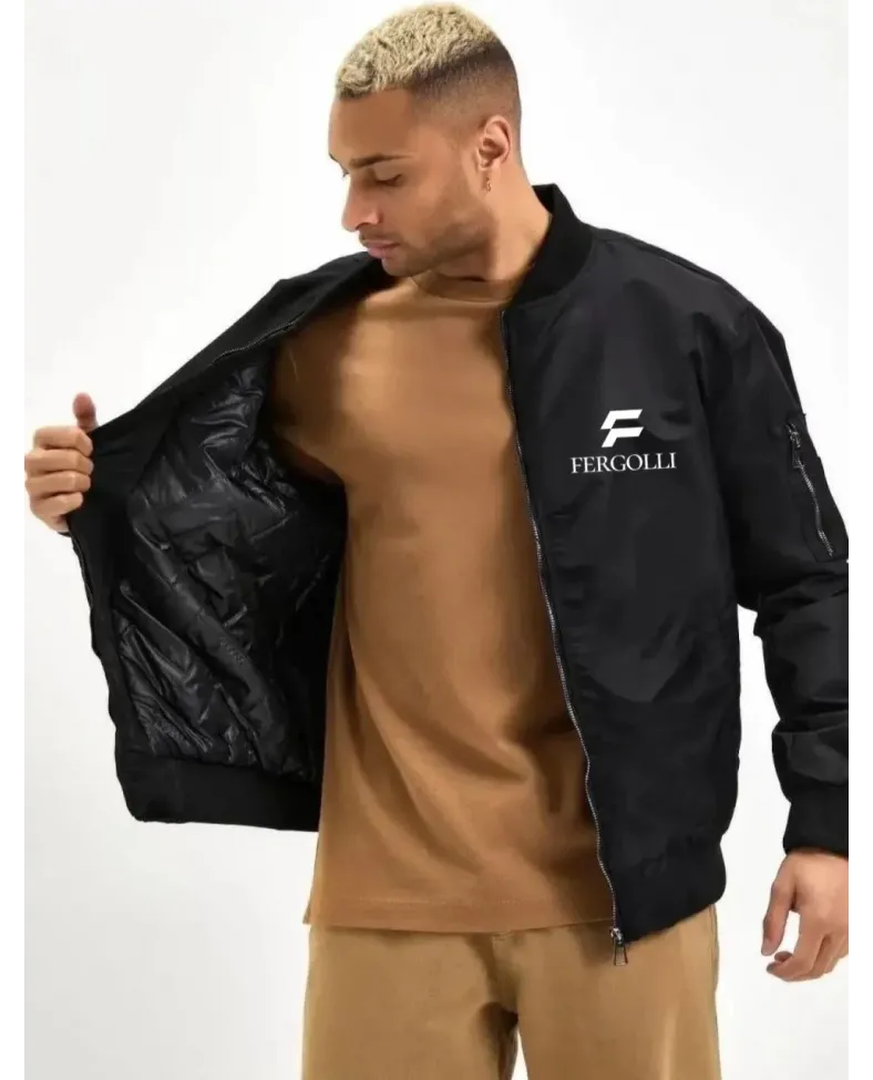 Erkek Siyah Bomber Mont Fergolli Logo Baskılı Fermuarlı Cepli Kapitone Astarlı - Siyah