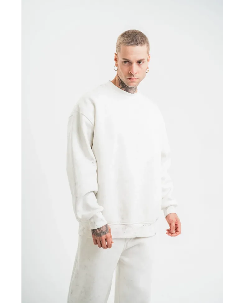 ERKEK Uzun Kol Bisiklet Yaka Yıkamalı SweatShirt - Beyaz