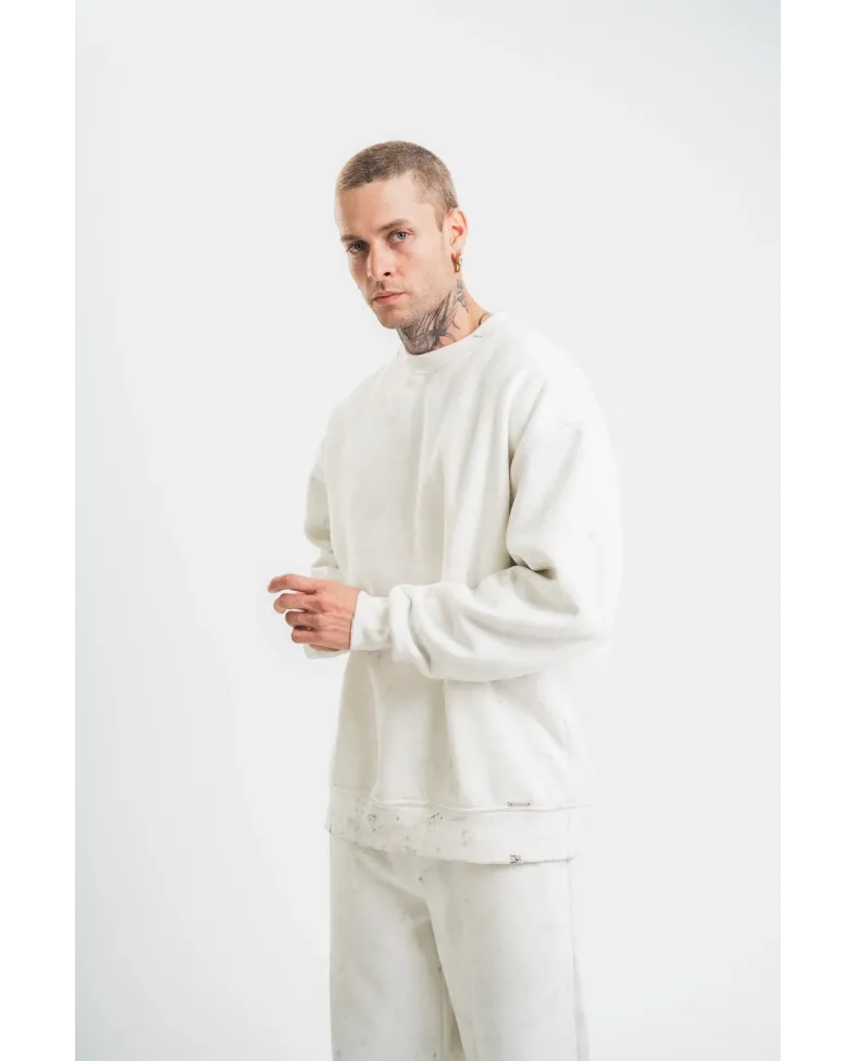 ERKEK Uzun Kol Bisiklet Yaka Yıkamalı SweatShirt - Beyaz