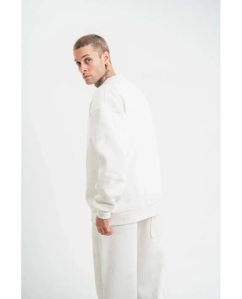 ERKEK Uzun Kol Bisiklet Yaka Yıkamalı SweatShirt - Beyaz