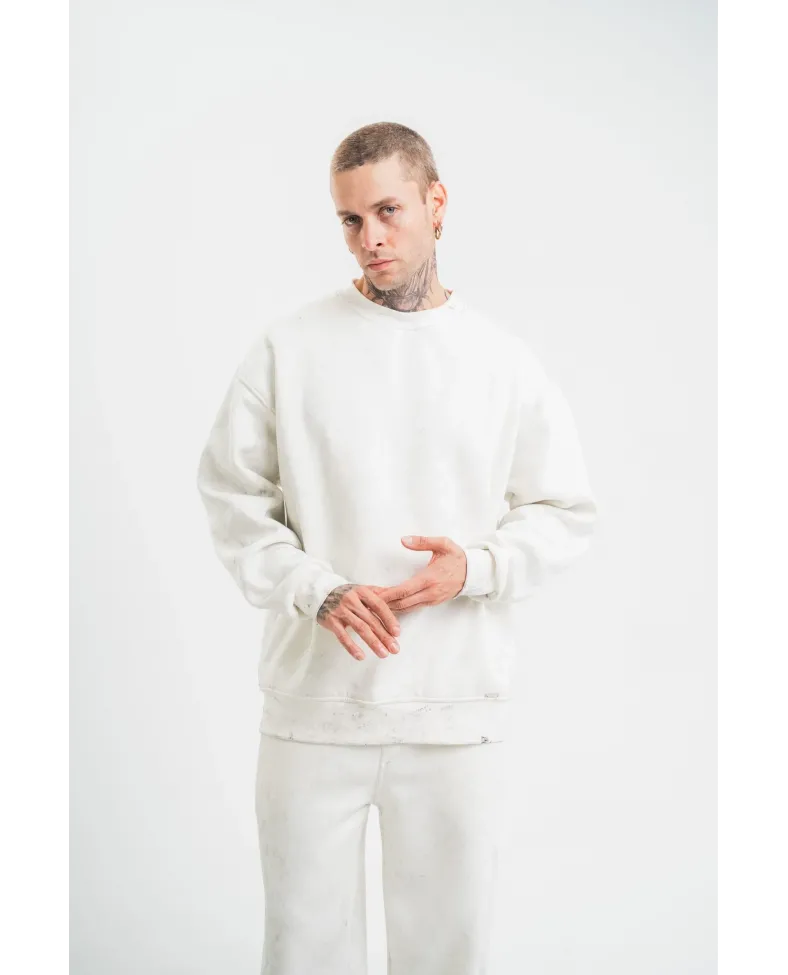 ERKEK Uzun Kol Bisiklet Yaka Yıkamalı SweatShirt - Beyaz