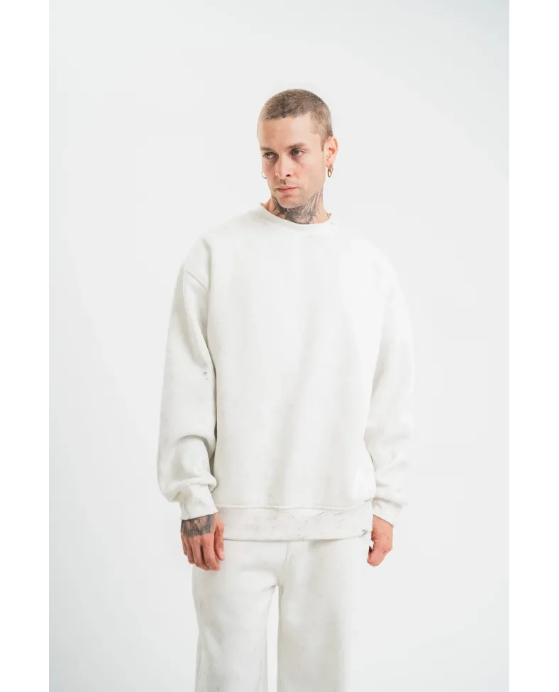 ERKEK Uzun Kol Bisiklet Yaka Yıkamalı SweatShirt - Beyaz