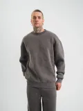 Erkek 3 İplik Pamuklu Yağ Yıkamalı Sweatshirt Double Oversize Bisiklet Yaka Uzun - Füme