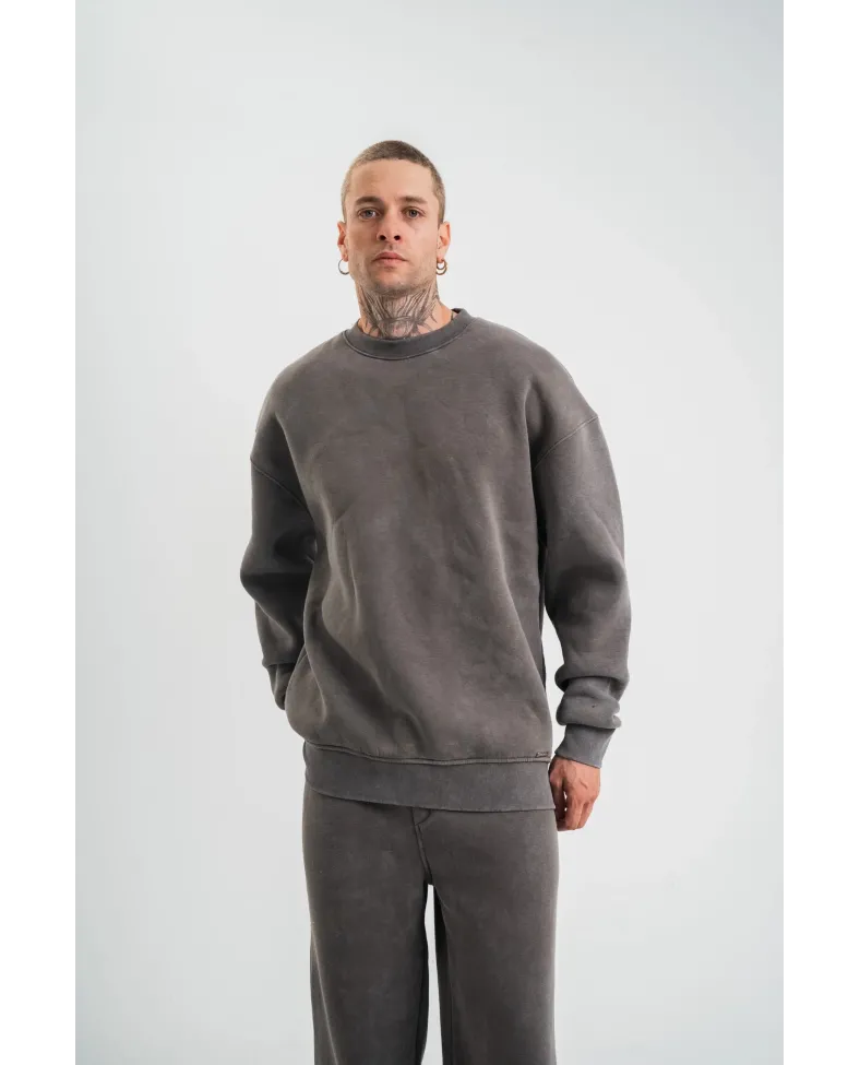 Erkek 3 İplik Pamuklu Yağ Yıkamalı Sweatshirt Double Oversize Bisiklet Yaka Uzun - Füme