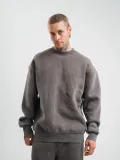 Erkek 3 İplik Pamuklu Yağ Yıkamalı Sweatshirt Double Oversize Bisiklet Yaka Uzun - Füme
