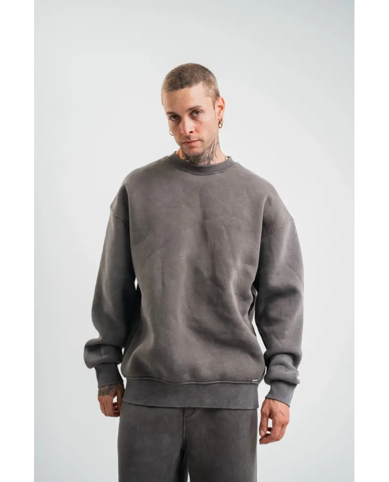 Erkek 3 İplik Pamuklu Yağ Yıkamalı Sweatshirt Double Oversize Bisiklet Yaka Uzun - Füme