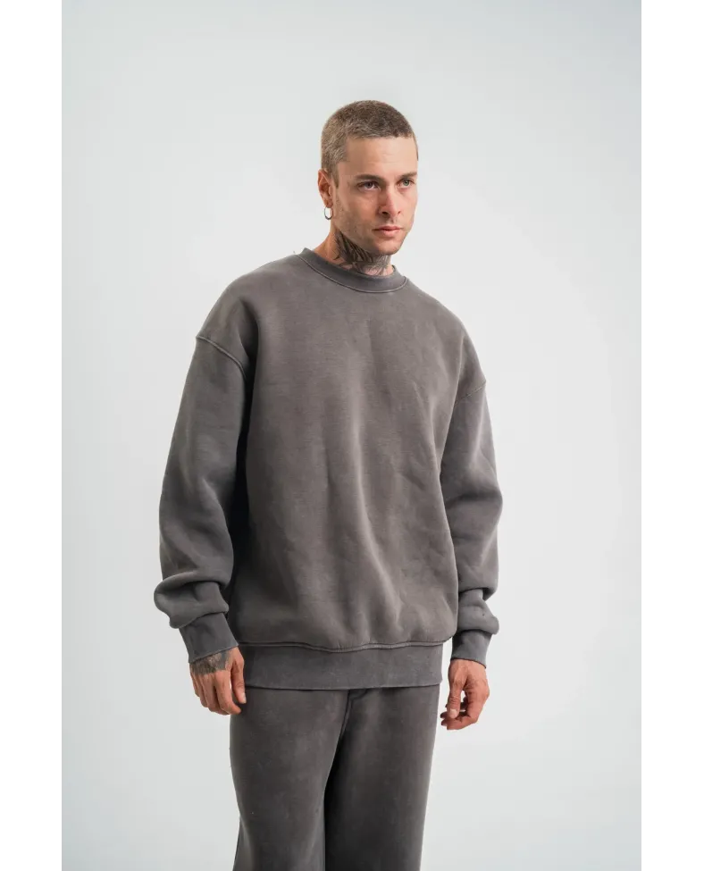 Erkek 3 İplik Pamuklu Yağ Yıkamalı Sweatshirt Double Oversize Bisiklet Yaka Uzun - Füme