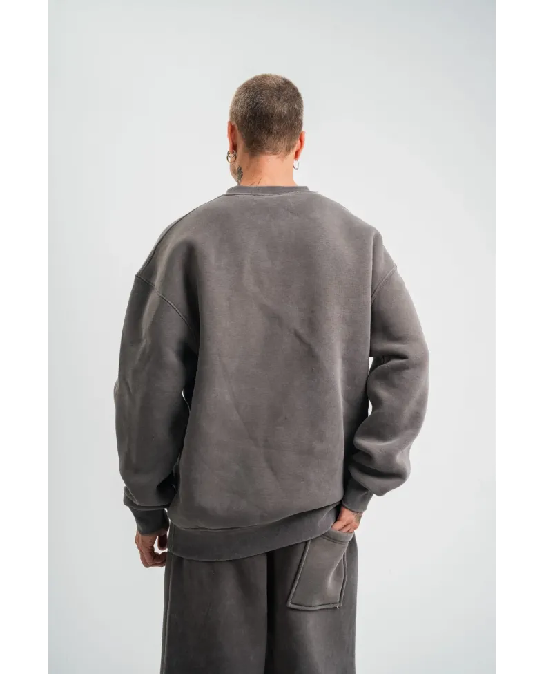 Erkek 3 İplik Pamuklu Yağ Yıkamalı Sweatshirt Double Oversize Bisiklet Yaka Uzun - Füme