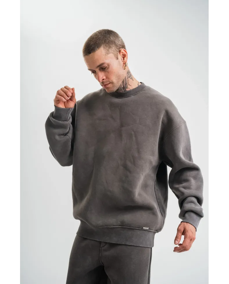 Erkek 3 İplik Pamuklu Yağ Yıkamalı Sweatshirt Double Oversize Bisiklet Yaka Uzun - Füme