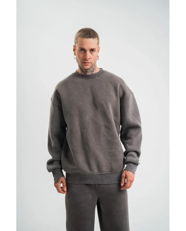 Erkek 3 İplik Pamuklu Yağ Yıkamalı Sweatshirt Double Oversize Bisiklet Yaka Uzun - Füme
