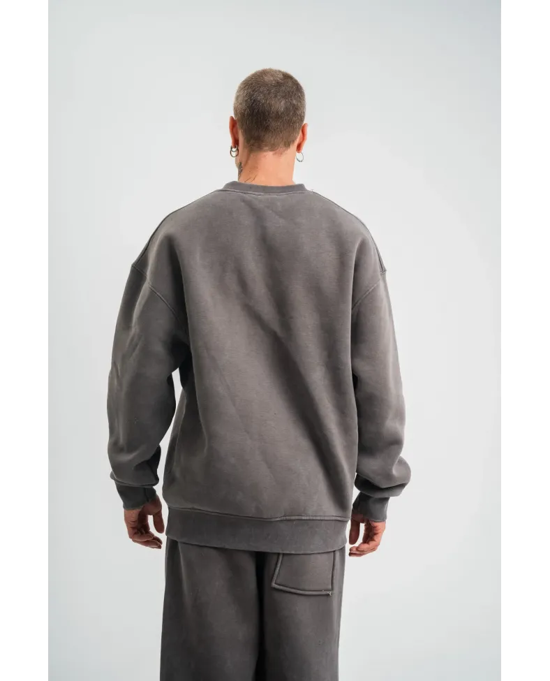 Erkek 3 İplik Pamuklu Yağ Yıkamalı Sweatshirt Double Oversize Bisiklet Yaka Uzun - Füme