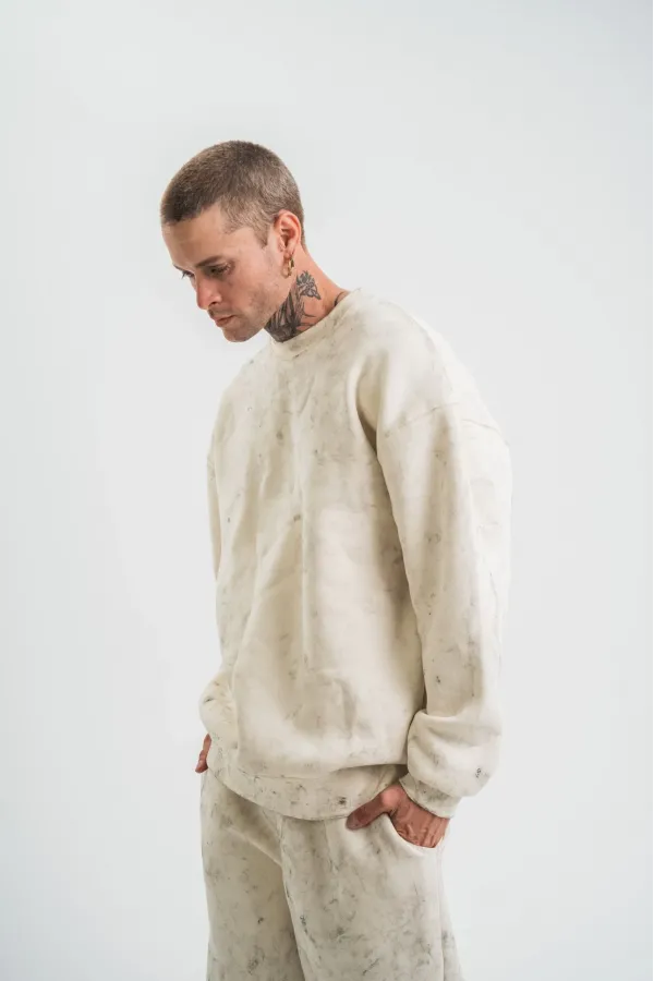 Erkek 3 İplik Pamuklu Yağ Yıkamalı Bisiklet Yaka Sweatshirt Oversize Hoodie - Krem