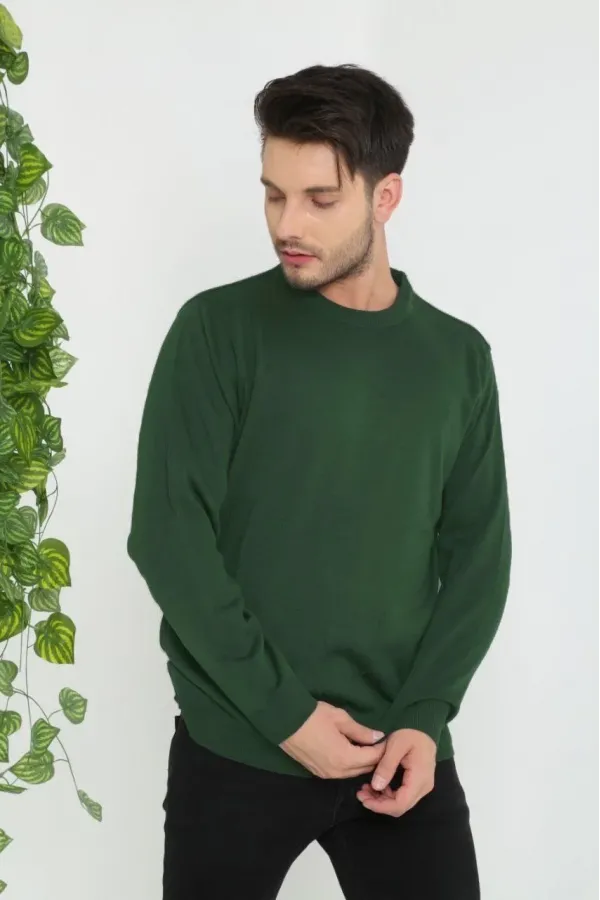 Erkek Bisiklet yaka Kazak Uzun Kol Dokuma Triko - Haki