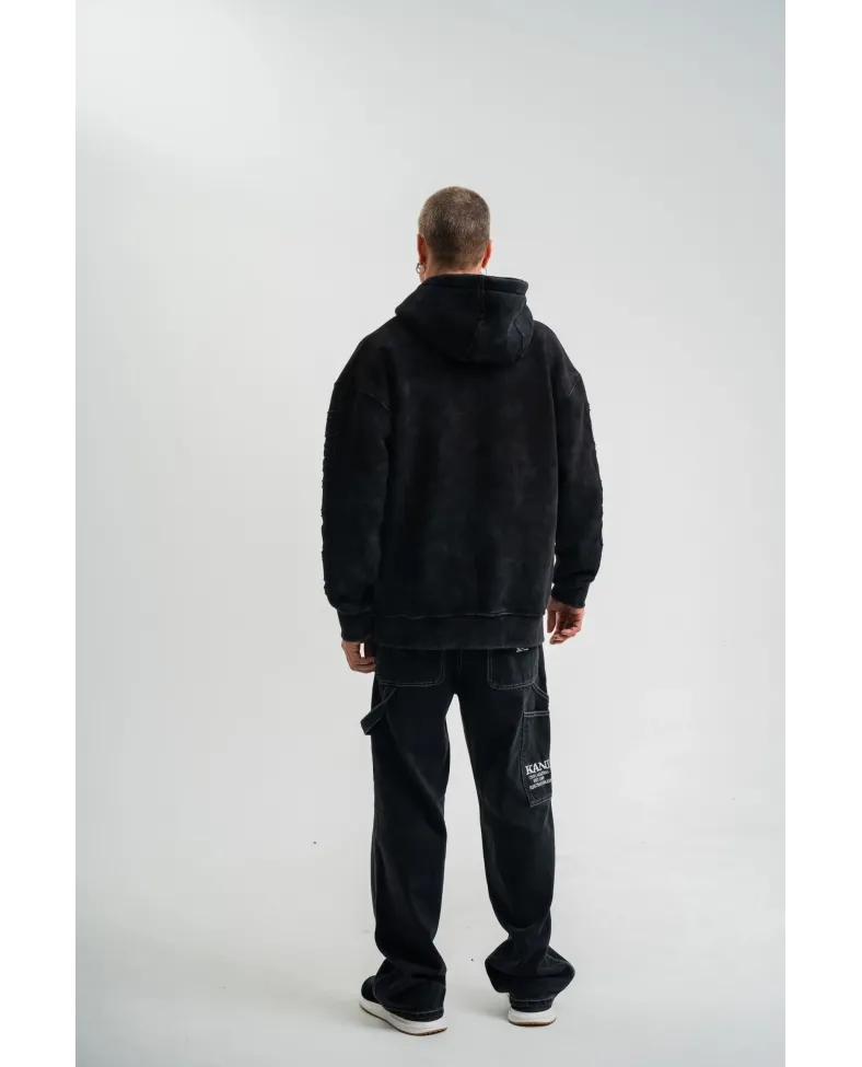 ERKEK Uzun Kol Kapşonlu Yıkamalı Nakışlı SweatShirt - Siyah