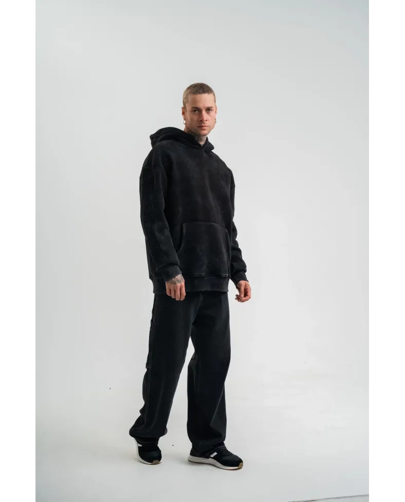 ERKEK Uzun Kol Kapşonlu Yıkamalı Nakışlı SweatShirt - Siyah