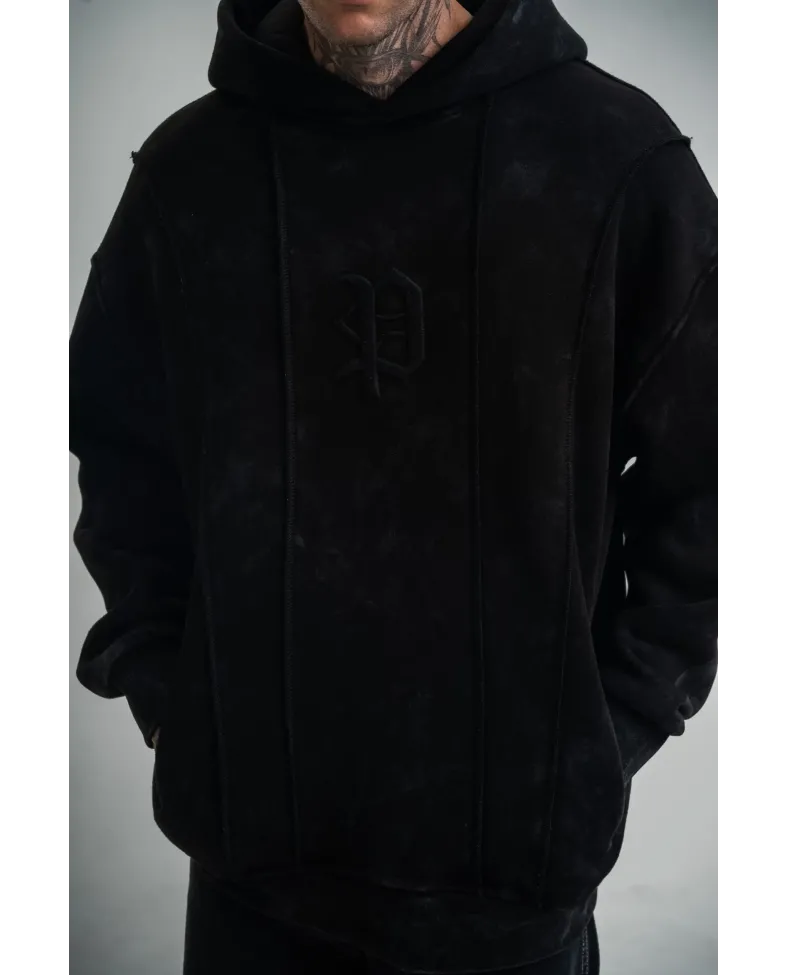 ERKEK Uzun Kol Kapşonlu Yıkamalı Nakışlı SweatShirt - Siyah