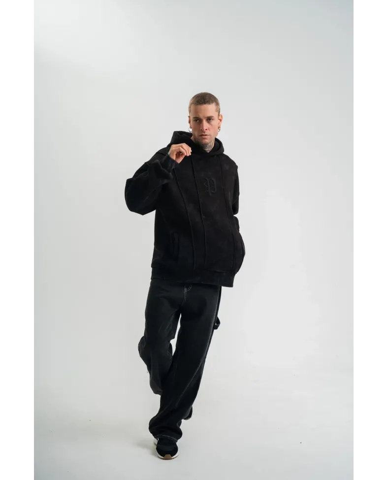 ERKEK Uzun Kol Kapşonlu Yıkamalı Nakışlı SweatShirt - Siyah