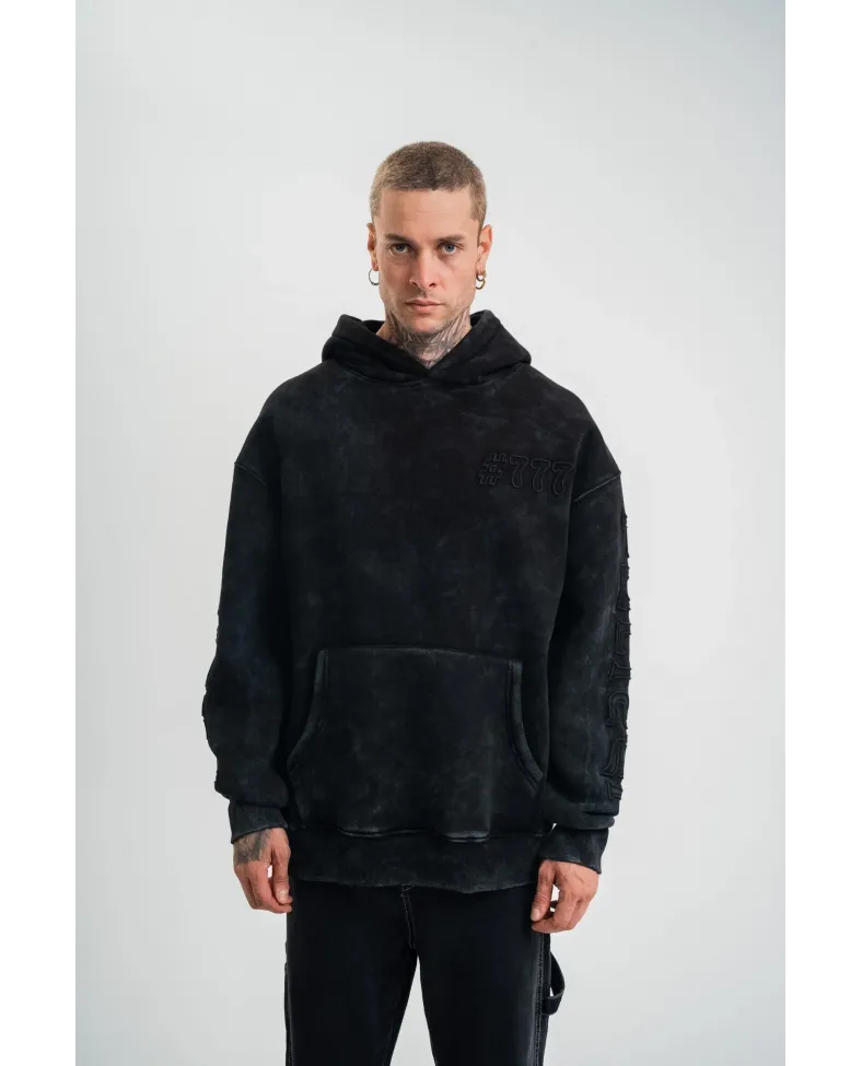 ERKEK Uzun Kol Kapşonlu Yıkamalı Nakışlı SweatShirt - Siyah