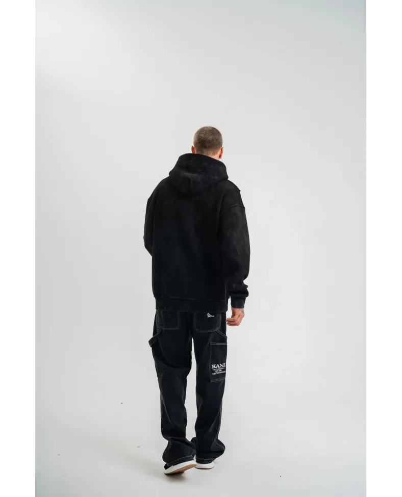 ERKEK Uzun Kol Kapşonlu Yıkamalı Nakışlı SweatShirt - Siyah