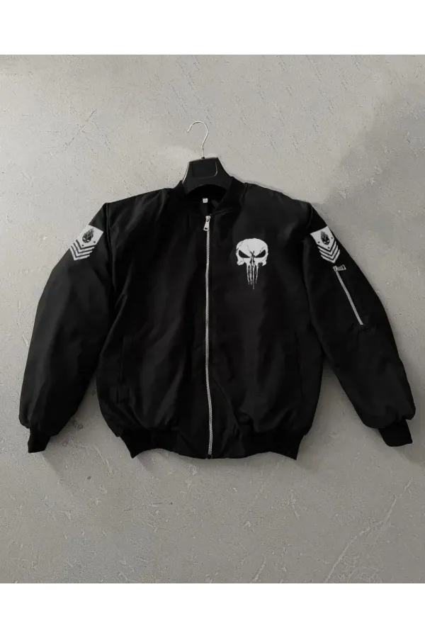 ERKEK Siyah Askeri Tarz Bomber Mont Punisher Skull Detaylı Fermuarlı Cepli - Siyah