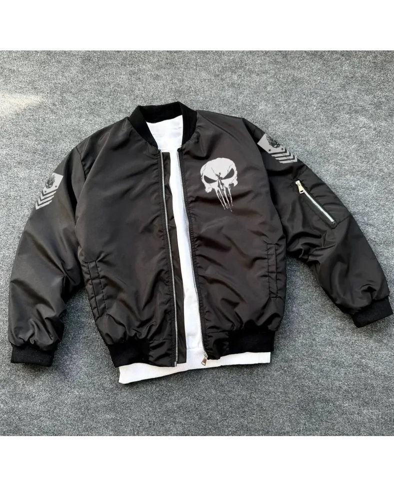 ERKEK Siyah Askeri Tarz Bomber Mont Punisher Skull Detaylı Fermuarlı Cepli - Siyah