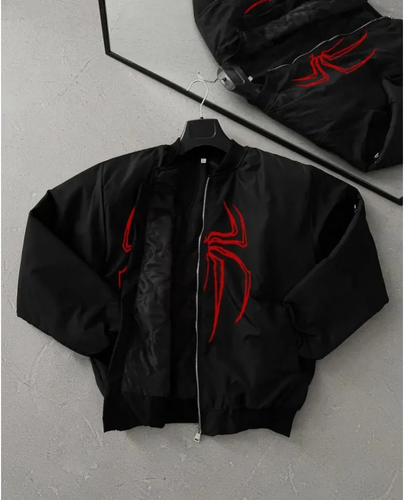 ERKEK Örümcek Desenli Siyah Bomber Mont Fermuarlı Cepli, Kapitone Astarlı, Ceket Modeli - Siyah