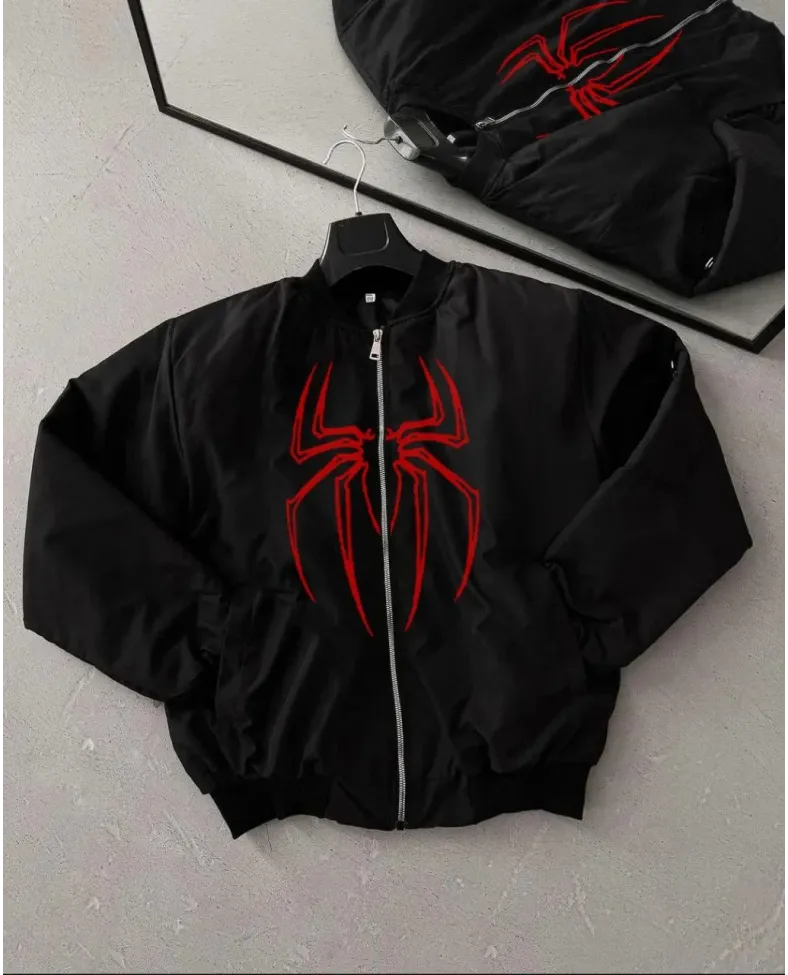 ERKEK Örümcek Desenli Siyah Bomber Mont Fermuarlı Cepli, Kapitone Astarlı, Ceket Modeli - Siyah