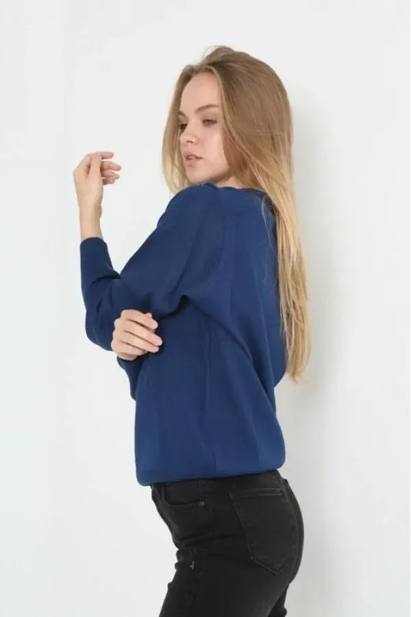 Unisex Uzun Kol V Yaka Triko Kazak - Indigo