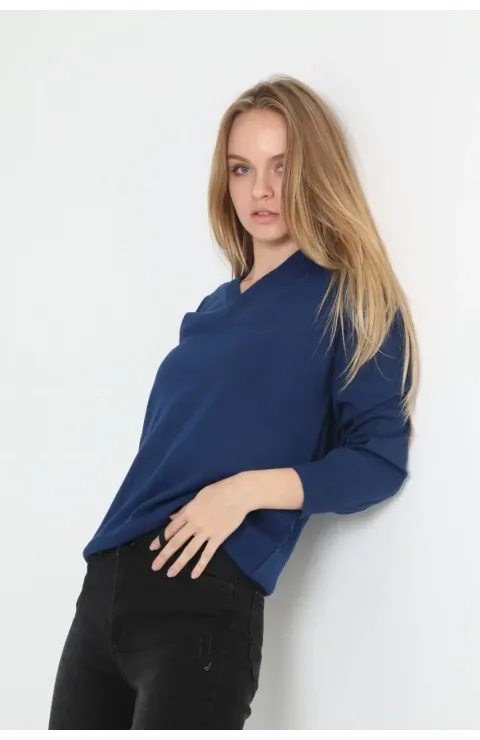 Unisex Uzun Kol V Yaka Triko Kazak - Indigo