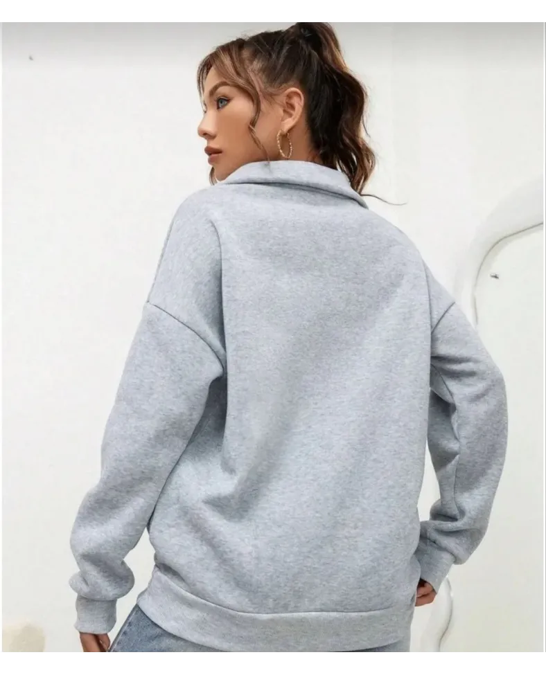 Kadın Uzun Kol Yarım Farmuarlı Yakalı Basic SweatShirt - Gri