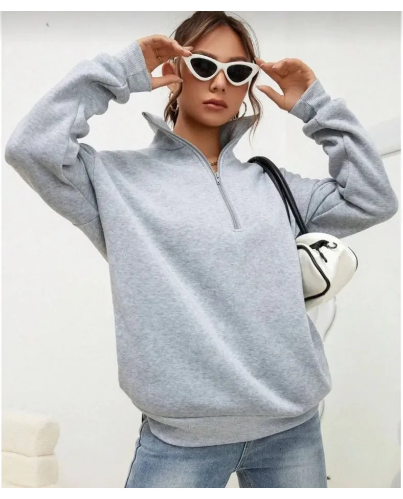 Kadın Uzun Kol Yarım Farmuarlı Yakalı Basic SweatShirt - Gri