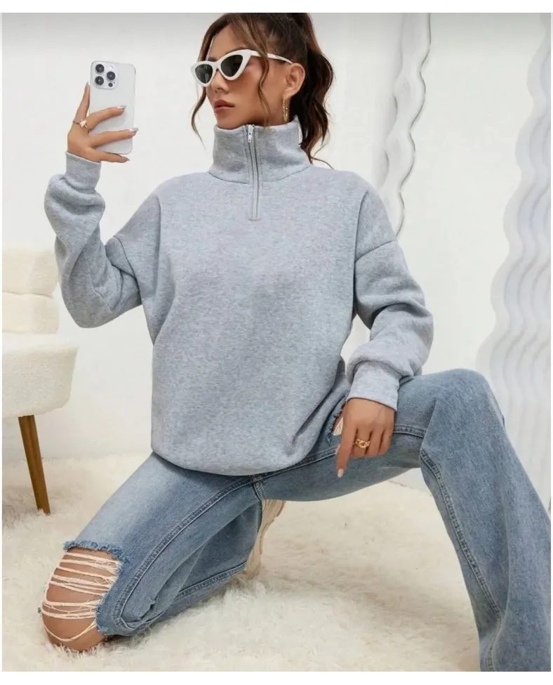 Kadın Uzun Kol Yarım Farmuarlı Yakalı Basic SweatShirt - Gri