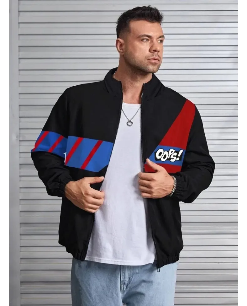 ERKEK Uzun Koll Fermuarlı Baskılı Rüzgarlik - Siyah